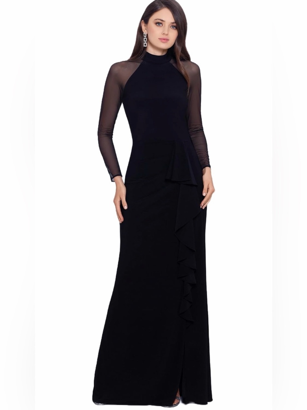 NWT Betsy & Adam Black Formal Evening Long-Sleeve Mesh Ruffle Gown, 12P